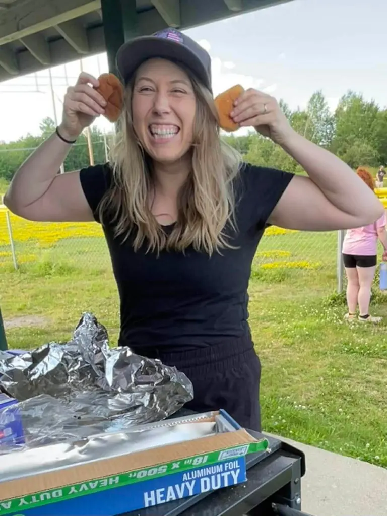 Samantha Fanjoy being playful at an outdoor event